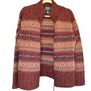 Vintage Ralph Lauren Hand Knit Intarsia Brown Fair Isle Full Zip Cardigan Size S